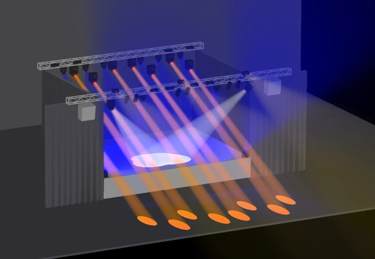 A computer-rendered stage lighting concept with blue wash and amber beams.